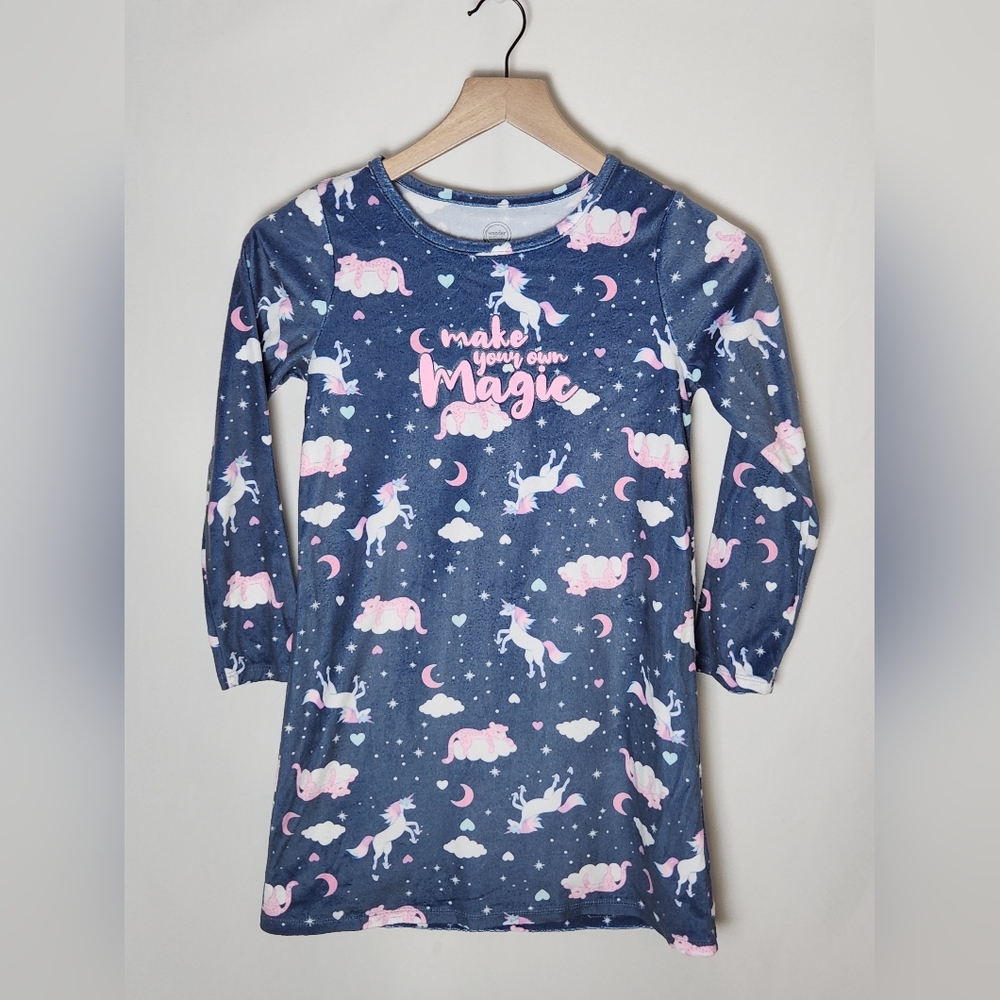 Unicorn Magic Kids Pajamas - Blue and Pink Girls Long Sleeve Fleece Sleep Gown